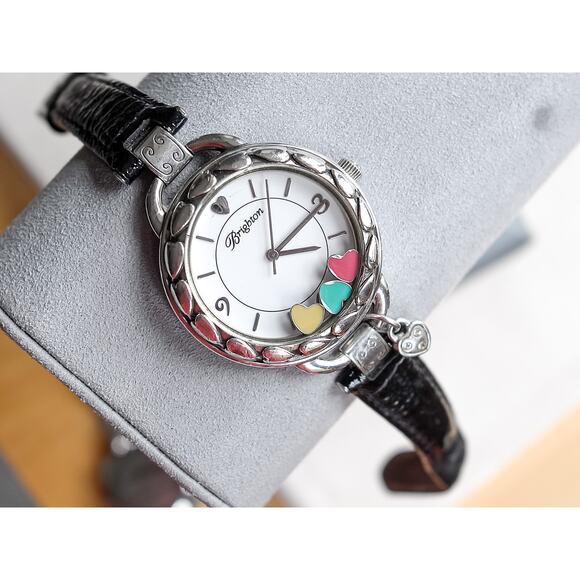 Brighton Corvina Watch Rare Colorful Floating Hearts Black Leather Band Works - Picture 2 of 8